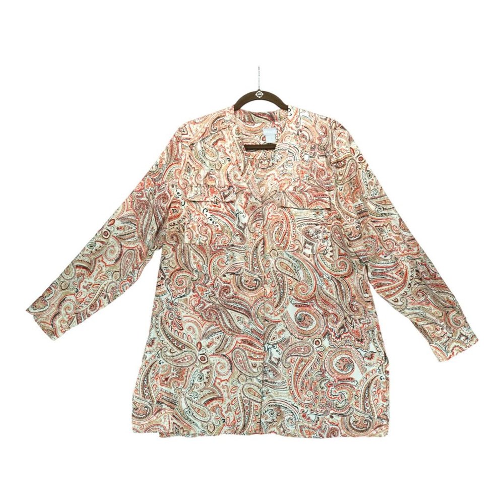 Chicos Long Sleeve V Neck Hidden Button Up Satin Tunic Top Red Paisley‎ Womens 2